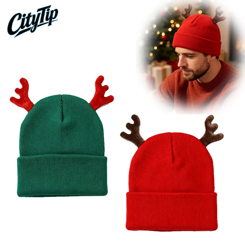 Unisex Solid Color Knit Fabric Christmas Antlers Beanie Hat - Cozy Warm Cold Weather Outdoor Sports Cap, Cute Reindeer Horns Design, Festive Xmas Party Accessory