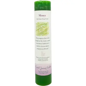 Money Reiki Charged Pillar Candle — Crystal Journey Prosperity Intention Candle