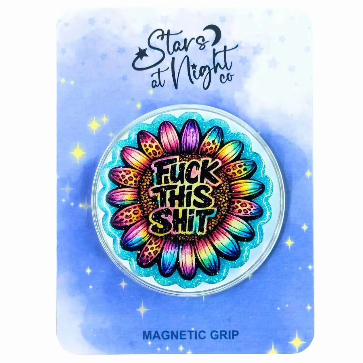 Glitter Sunflower Phone Grip, Magnetic or Adhesive, Rainbow Neon Retro Holder