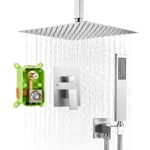 Shower Faucet Set 12-Inch Square Rain Shower Head and Hand Shower Kit in Brushed Nickel Finish, 1-Handle Temperature Control Mixer, Brass Construction, Water-Saving Design, Easy Install, Modern Bathroom Upgrade
