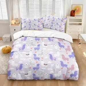 2/3Pcs Duvet Cover Set, Cute Bunny Llama Cactus Print Bedding Set, Kawaii Cartoon Style, Soft Microfiber Breathable, Hidden Zipper Closure, Fade Resistant, Perfect for Bedroom, Dorm, Kids Room & Gift