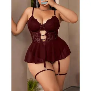 4pcs/SetPlusSizeSexyMesh&LacePatchworkTeddyLingerieSet