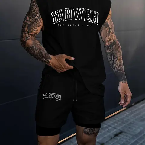 Men's Letter Print Tank Top & Shorts Two-piece Set, Essential Set, Regular Fit Sleeveless Round Neck Top & Shorts Fashion Cozy Breathable Men Two-piece Outfits for All Seasons Menswear