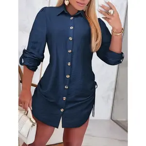 Women's Solid Color Shirt Collar Curved Hem Dress, Casual Short Sleeve Button Decor Short Dress for Daily Wear, Ladies Clothes for All Seasons, Collared Womenswear