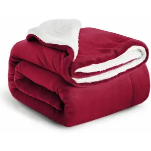 Sherpa Blankets Queen Size - Thick and Warm Blankets for Winter, and Fuzzy Fluffy Queen Size for, Burgundy, 90x90 Inches