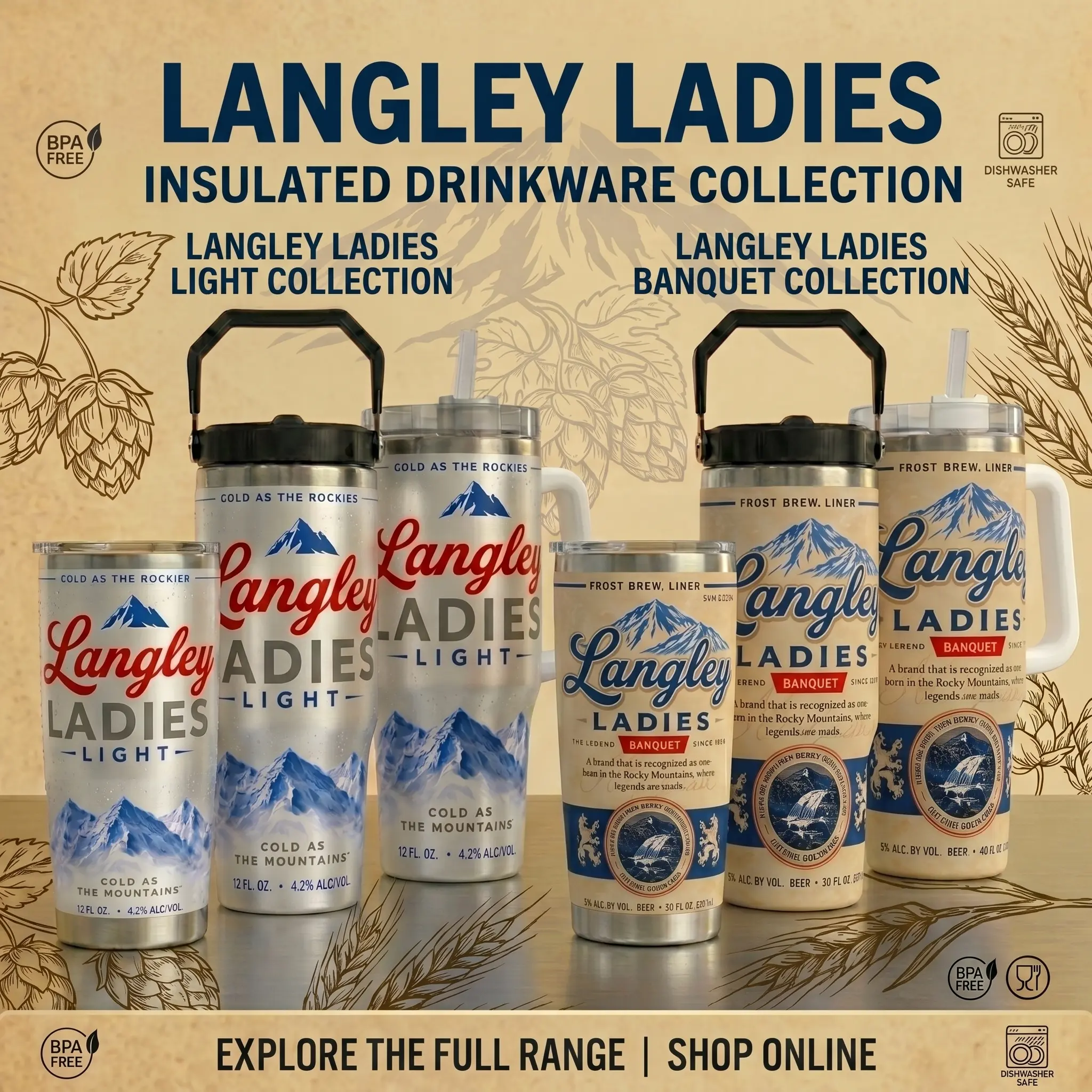 Langley Ladies Insulated Tumbler, Custom Brewery Style Travel Mug, 20oz 30oz 40oz Stainless Steel Cup, Beer Lover Gift, Mountain Edition Drinkware