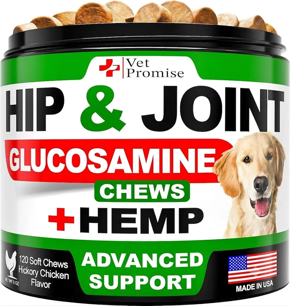 Vet Promise Hemp Hip and Joint Support Supplement for Dogs - Glucosamine for Dogs - Hemp Oil, MSM, Chondroitin - Support for Joint Pain Relief and Health - 120 Soft Chews - Made in USA
