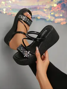 Women's Rhinestone Slip-On Sandals, Round Toe Thick Sole Beach Shoes, Metal Color Breathable Cross Strap Outdoor Slippers, Pu Leather Sandals