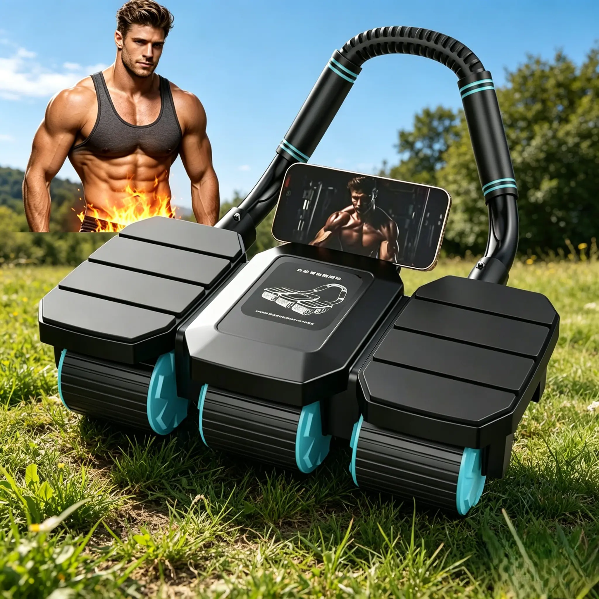 Upgraded Abdominal Roller Wheel - 6-Wheel Auto-Return Ab Workout Equipment with Elbow Support, Stable Durable Black Polypropylene w/Blue Accents, Home Abs Workout Core Training Gear for Sit-Up Assist & Waist Twisting