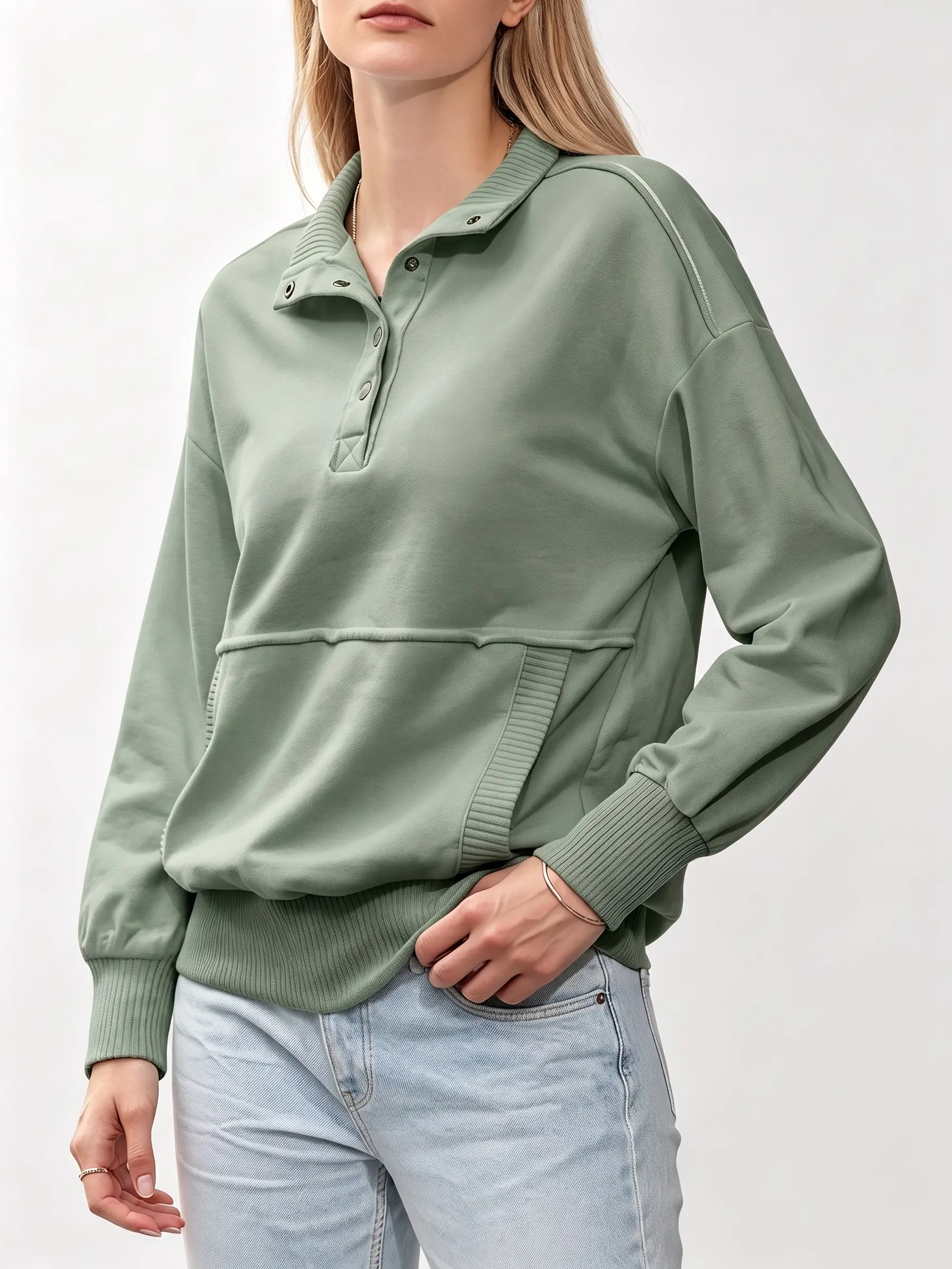 Shewin Women's Partial Button Stand Collar Oversized Sweatshirt - Long Ribbed Cuff Kangaroo Pocket Casual Pullover DealsForYouDays