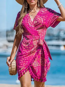 Women's Summer Dress, V Neck, Short Sleeve, Tie Back Design, Casual Trendy Boho Bohemian Style with Frills & Ruffles, Perfect for Vacation Wear