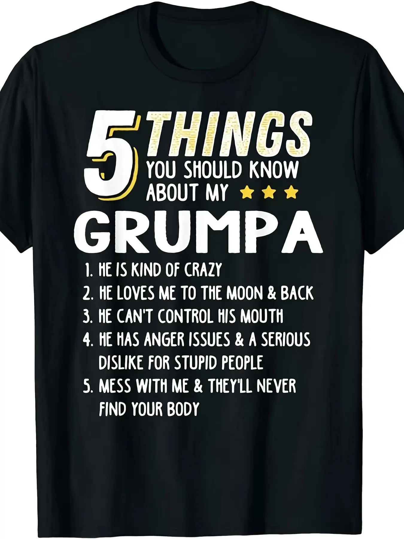 Funny 5 Things About Grandpa Graphic T-Shirt - S-3XL Men's Fit Casual Tee with Humorous Family Gift Idea, Short Sleeve Shirt for Dad & Grandpa - Year-Round Wearable Conversation Starter