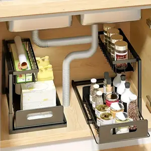 2-pack kitchen fixing rack sink sorting and storage, lower sink storage, sliding pull-out cabinet sorting rack, metal sliding drawer, for kitchen cabinet organization rack Organiser Shelf Black-2Pcs Installation