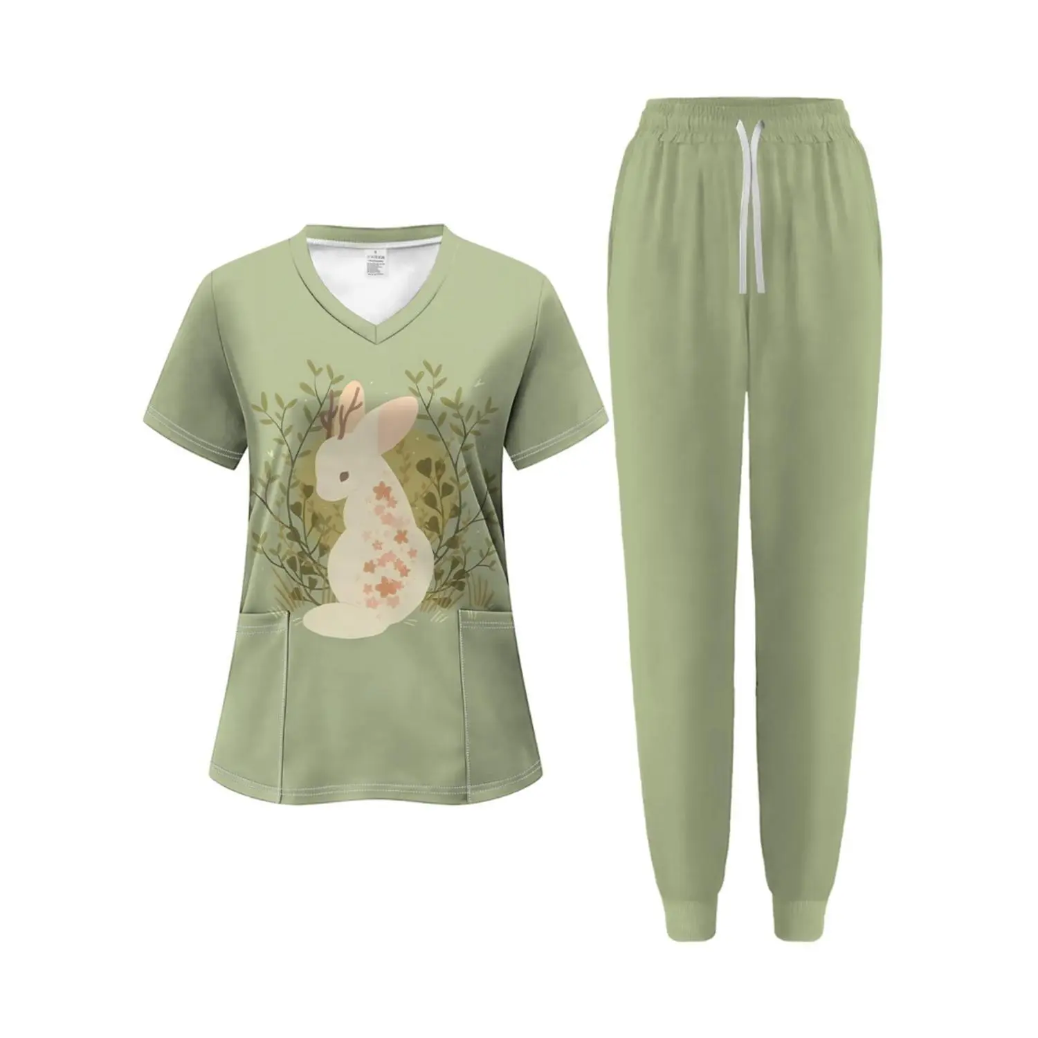 Women's Green Nurse Scrub Set, V-Neck Printed Top with Jogger Pants, Comfortable Short Sleeve Work Uniform