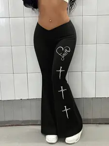 Women's leggings, flared pants with a crossover waistband and heart/Jesus cross pattern, comfortable to wear, suitable for all seasons, a stylish everyday choice for women, versatile and easy to match.