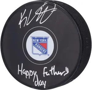 K'Andre Miller New York Rangers Autographed Hockey Puck with "Happy Father's Day!" Inscription - NHL Auctions Exclusive - Fanatics Authentic Certified