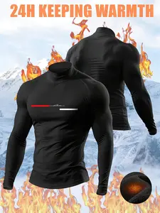Men's Fitted High Neck Thermal Shirt with 24 Hour Warm Lock Feature, Casual Graphic Design for Winter Gym Training & Commuting