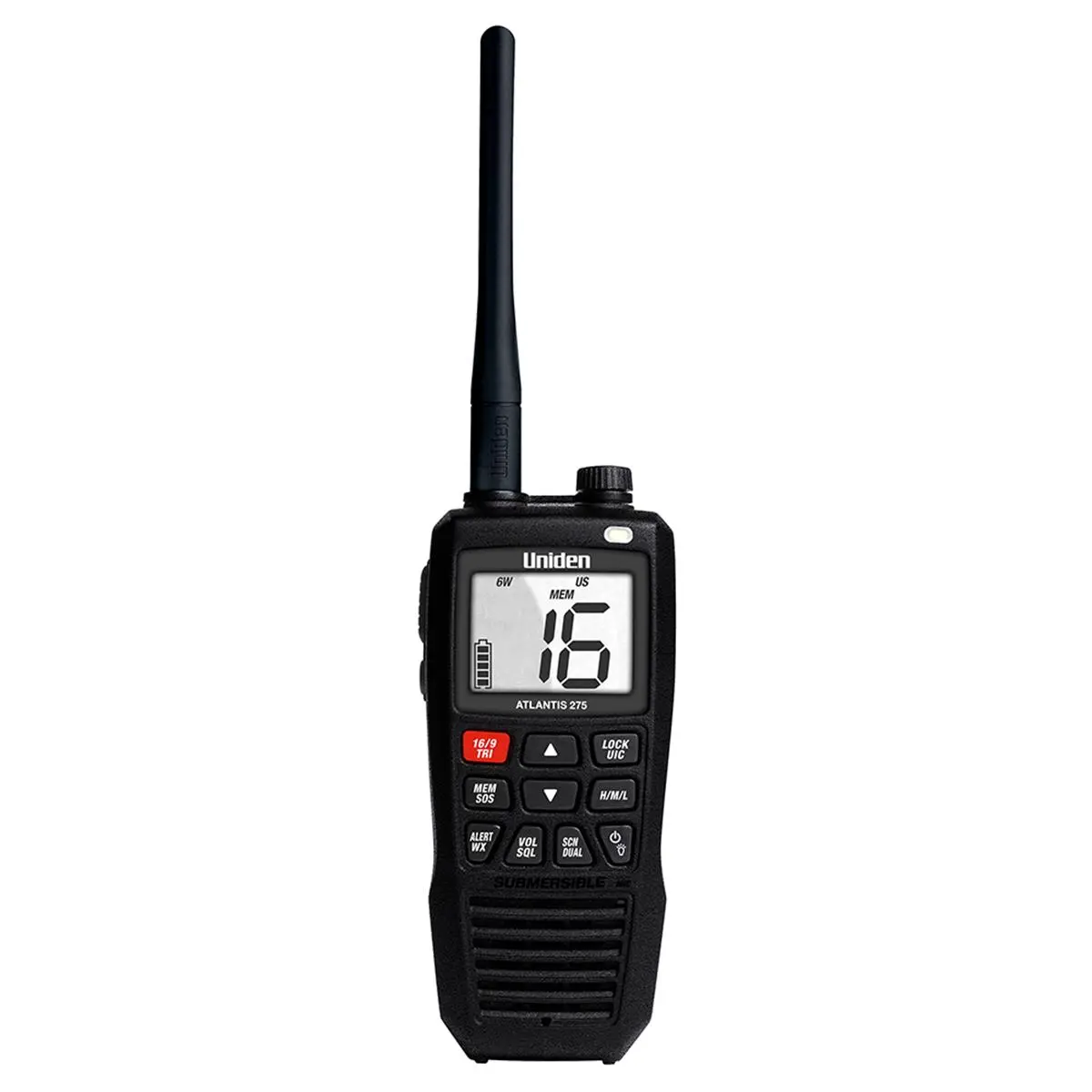 Uniden Atlantis 275 Waterproof Floating Handheld VHF Marine Walkie Talkie with Audio Function, LCD Display, and Charging Capability