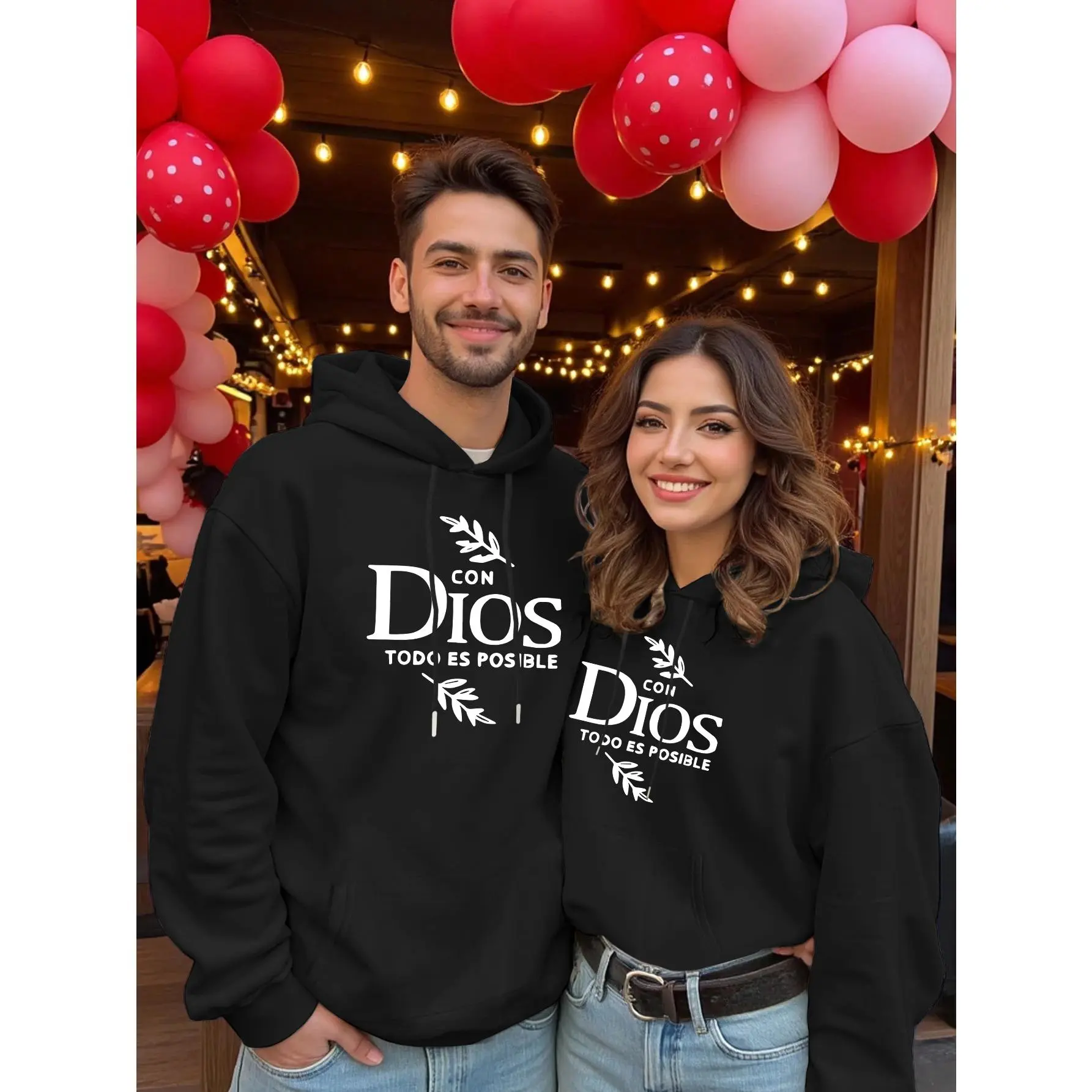 His & Hers Matching Couple Hooded Sweatshirts - Spanish Inspirational Quote & Leaf Print,  Casual Couple , Machine Washable Gift for Him & Her,Separate purchase for men and women