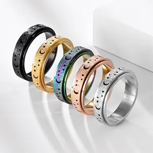 Multi-Specification Stainless Steel Matte Hollow Star and Moon Fidget Rings for Anxiety for Women Spinner Ring 6mm Rose Golden Ring Thumb Ring,Creative Gift  On Birthday&Holloween