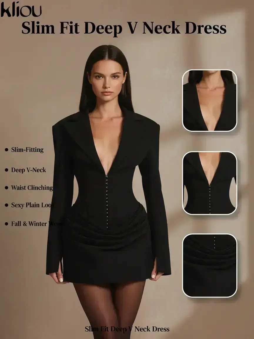 Kliou Women's Slim-Fitting Deep V-Neck Waist Cinched Dress, Sexy Plain  Short Suit Dress Formal Wear for Fall & Winter, Stylish and Fitted Design -  TikTok Shop
