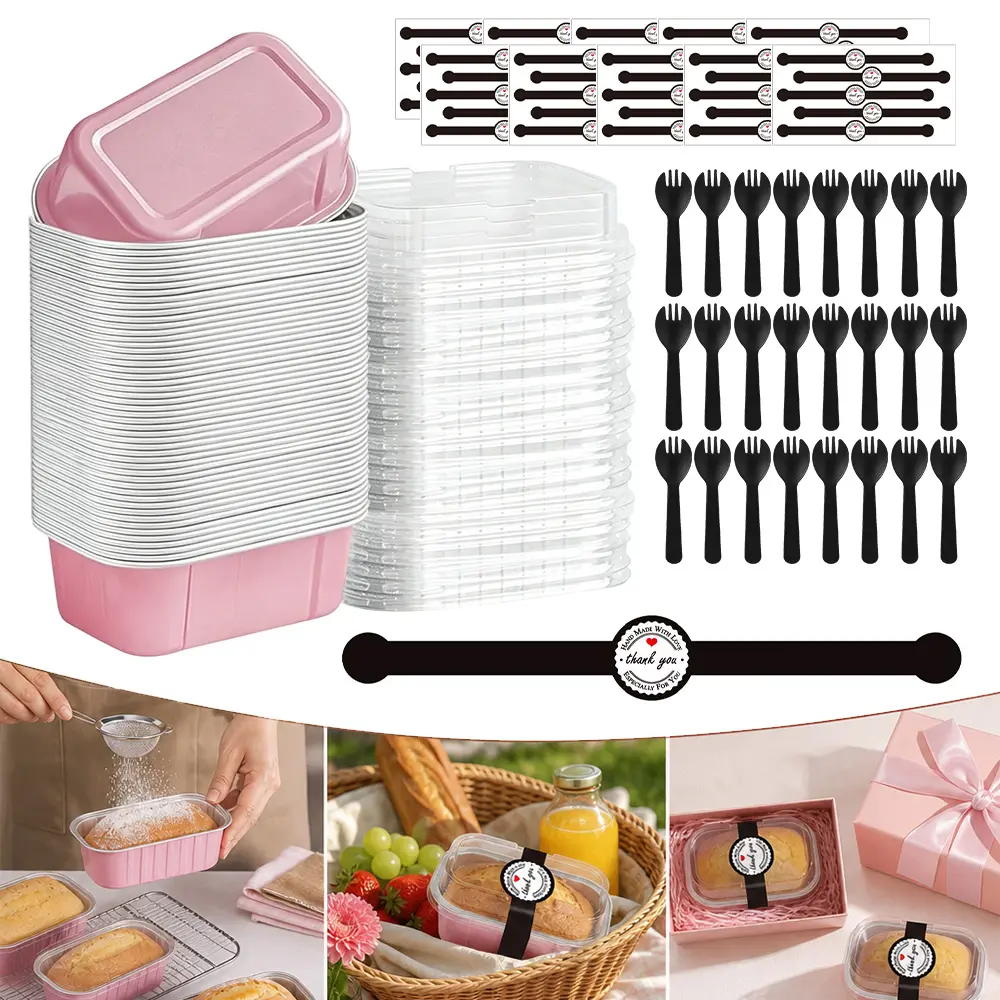 50 Pack Mini Cake Pans with Lids and Spoons, Mini Loaf Baking Pan 5.5oz, Small Disposable Aluminum Foil Loaf Pans, Rectangular Baking Containers for Party and Picnics, Cheesecake Pan