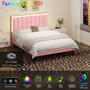 Twin /Full/ Queen/ King Size Bed Frame With LED Light, LED Upholstered Bed Frame With Headboard, No Box Spring Needed, Easy Assembly, White/ Pink/ Black, Twin /Full/ Queen/ King ( USB LED Strip)