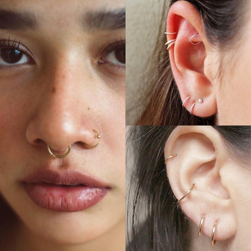 20G Titanium Nose Ring Hoop, Cartilage Hoop Earrings for Women Men Silver Gold Nose Ring Septum Ring Tragus Conch Helix Daith Lip Piercing Jewelry`