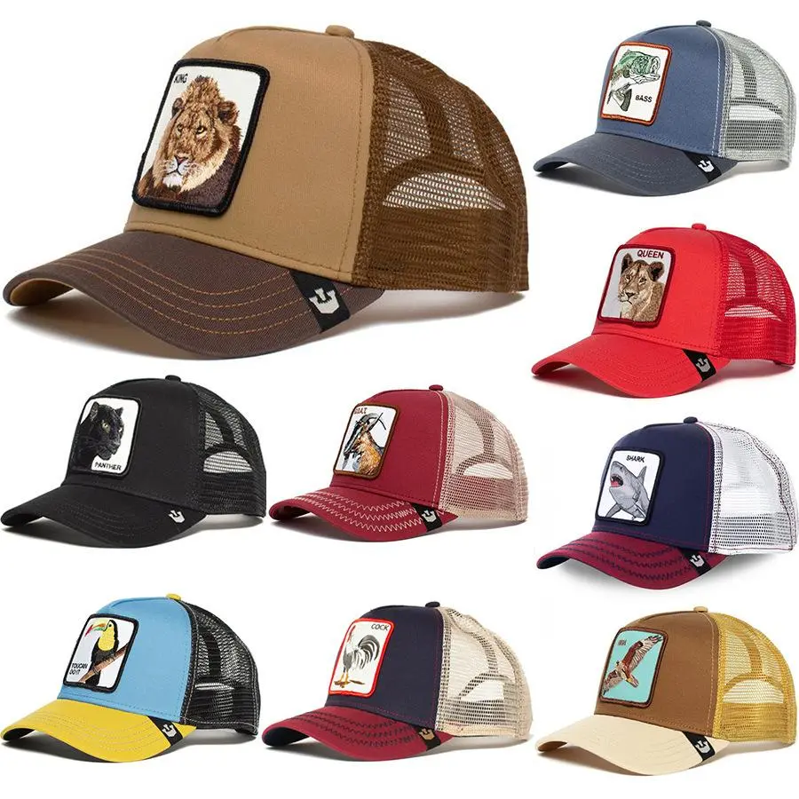 Animal Patch Embroidered Mesh Trucker Hat, Cartoon Wildlife Curved Brim Baseball Cap, Breathable Summer Outdoor Sun Hat for Men Women