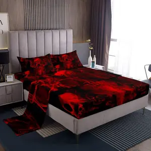 Gothic Skull Bed Sheets,Red Black Skeleton Sheet Set,Psychedelic Goth Skull Trippy Smoke Halloween Fitted Sheet + Horror Flat Sheet + Pillow Cases