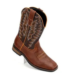 Men's Square Toe Roper Boots, Western Cowboy Boots Embroidered Mid-Calf Roper Boots Walking Shoes Footwear