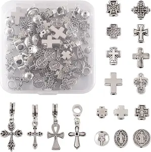 70pcs Tibetan Silver Crucifix Cross Beads Metal Cross Spacer Charms for Jewelry Crafts Making Hole: 1-2mm