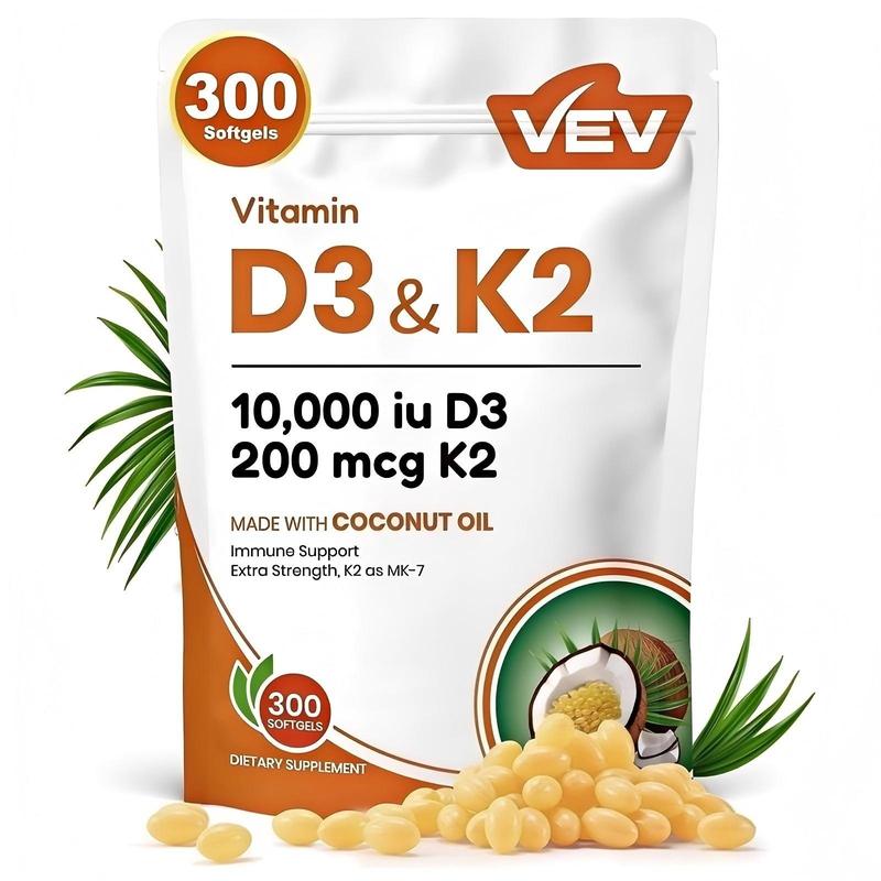 VEV 2-in-1 Vitamin Supplement D3 10000 IU & K2 200 mcg with Virgin Coconut Oil 300 Softgels for Immune Support Extra Strength MK-7