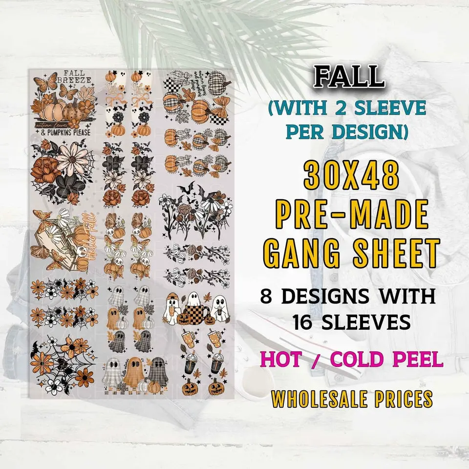 Fall DTF Gang Sheet, Autumn Premade Gang Sheet with Sleeve, Ready to Press Heat Transfer, Ghost DTF Transfer, Pumpkin Dtf Print, Fall Season