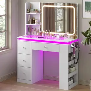 CollaredEagle LED Lighted Makeup Vanity with Mirror & Storage Drawers for Bathroom & Bedroom White Finish with Charging Station & Adjustable Lighting