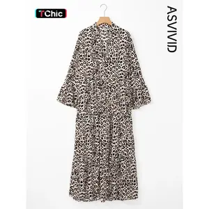 Women's Casual V neck Leopard Print Tiered Wide Sleeve Maxi Dress