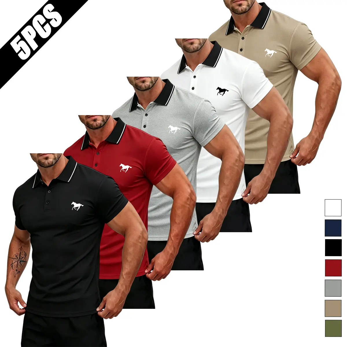 Men’s horse print summer short-sleeve shirt set—great value multi-pack; men’s summer soft fabric golf polo shirts—fashionable items suitable for outdoor golf sports and everyday casual wear; can also serve as a gift for men.