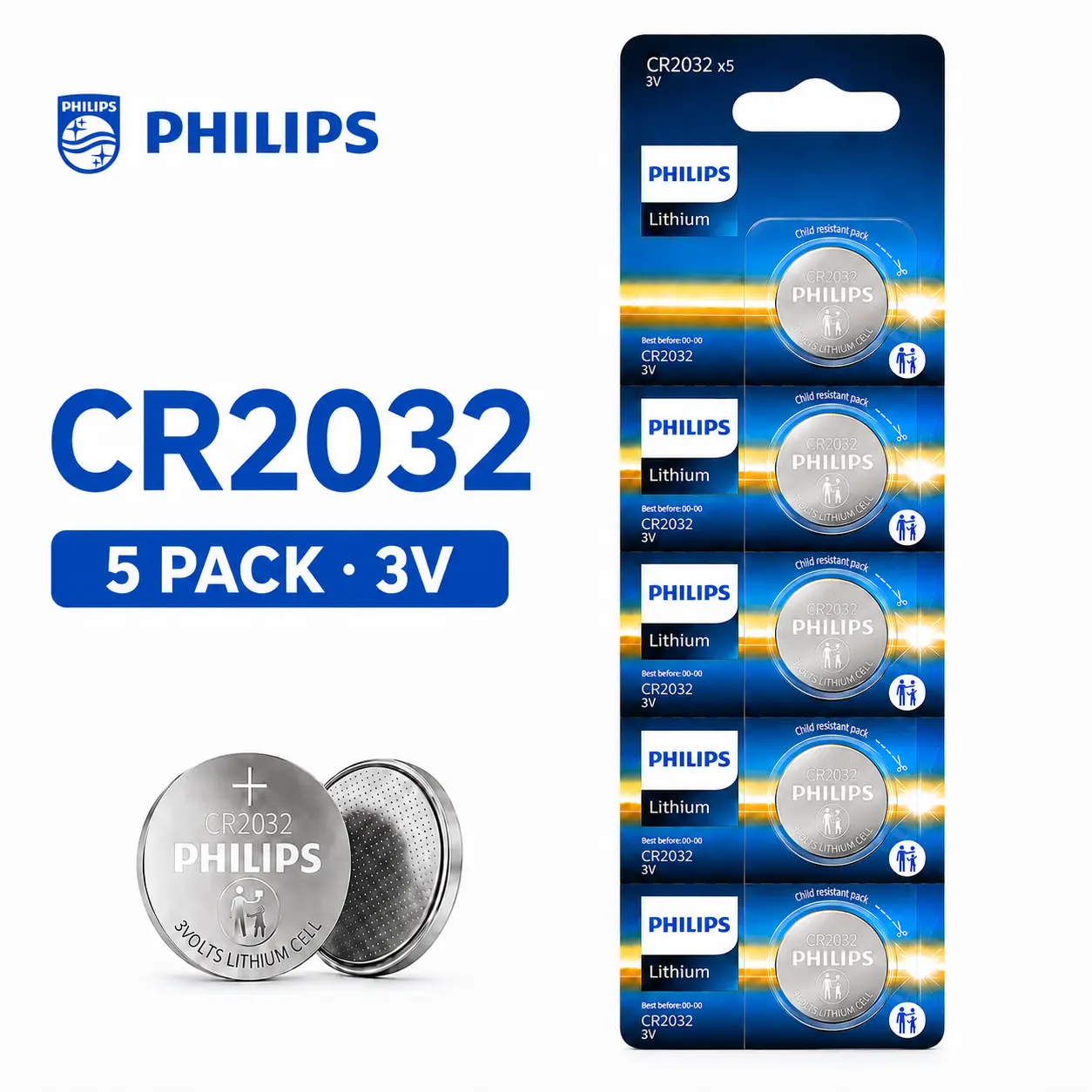 PHILIPS CR2032 Batteries 5 Pack, 3V Lithium Coin Cell Batteries for Item Trackers, Car Remotes, Watches, Digital Scales and Calculators, 10-Year Storage Life