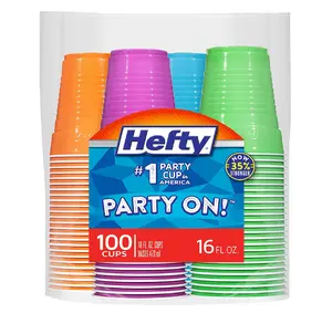 Hefty Party On Disposable Plastic Cups, Assorted, 16 Ounce, 100 Count