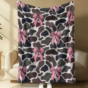Cow Print Pink Bow Flannel Blanket, Cute Cow Pattern & Pink Bow Print Fleece Throw, Soft Cozy Warm Blanket for Couch Bed, Perfect Gift for Cow & Bow Lovers