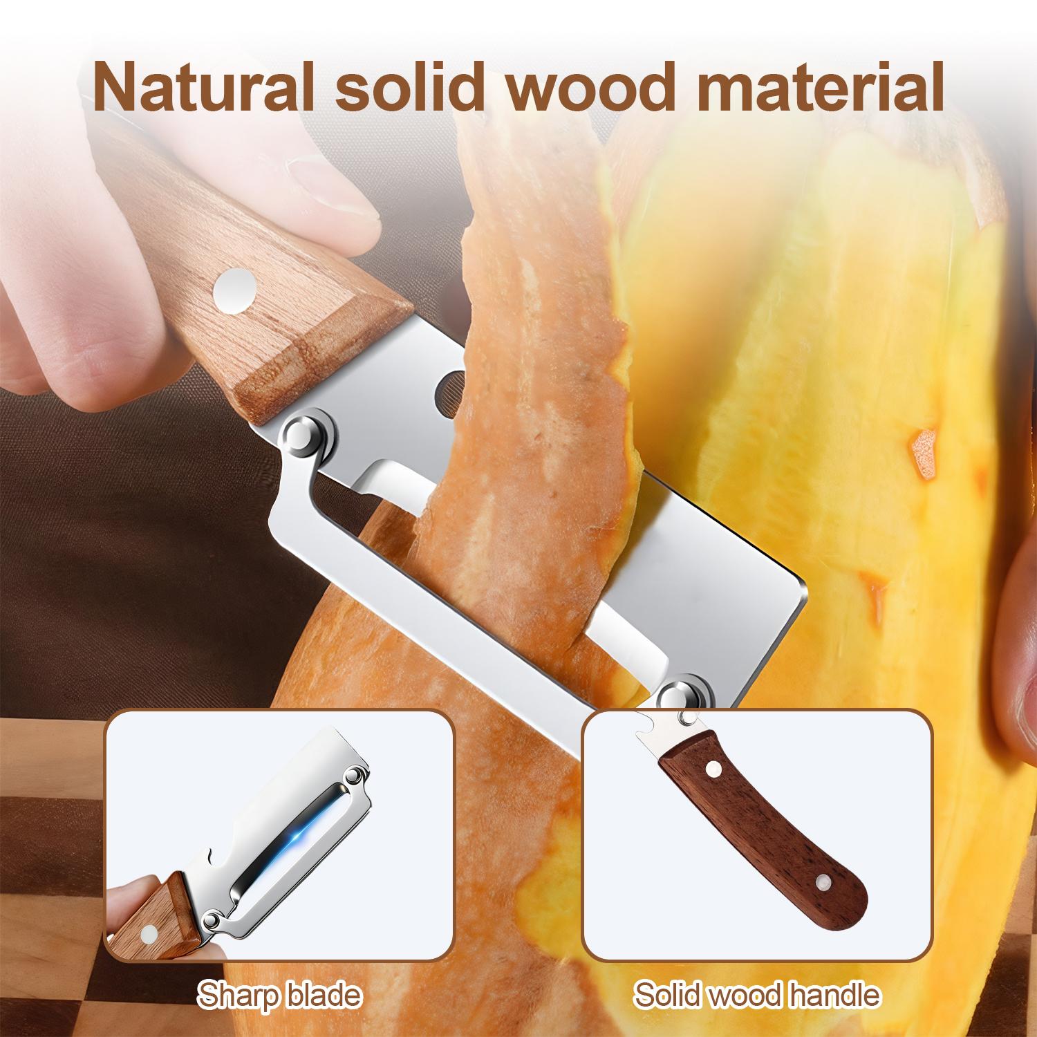 2-in-1 Fruit & Vegetable Peeler with Bottle Opener, Sharp Stainless Steel Blade, Wooden Handle, Ergonomic Non-Slip Comfort Grip