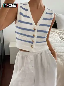 Women's Striped Print Button Front V Neck Fitted Crop Sweater Vest, Casual Sleeveless Knit Top for Spring & Fall, Fashion Women's Knitwear for Daily Wear
