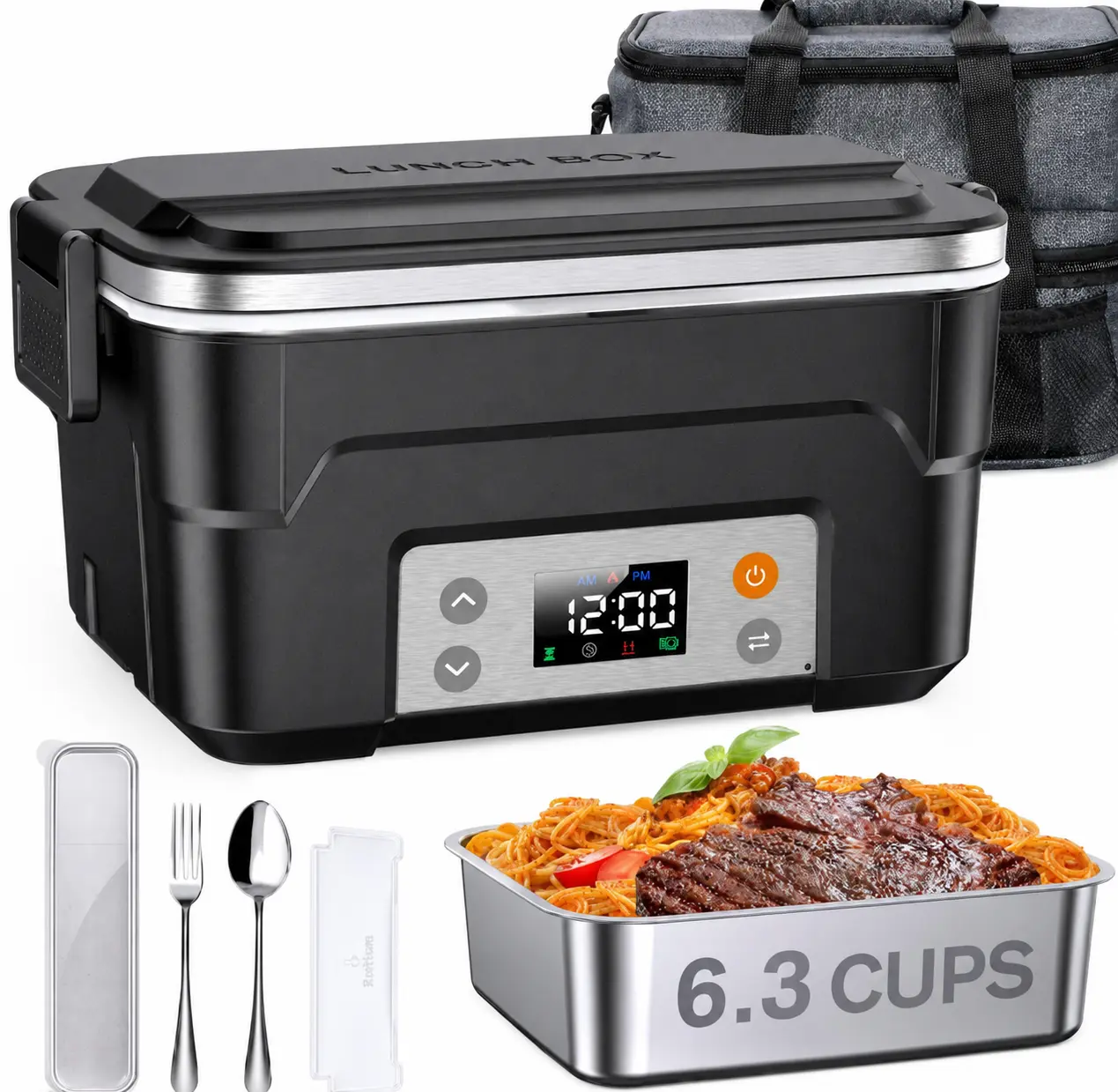6.3-Cup Heated Lunch Box Cordless for Men with Scheduled Heating | 27,000mAh Cordless Electric Lunch Box, 2H Heat+1H Keep-Warm, Mealtime Setting, Daily Memory, 220°F Max, Leak-Proof, Full Kit