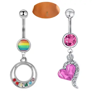 2PCS 14G Belly Piercing Jewelry Set,316L Stainless Steel Floating Navel Belly Piercing for Women,Rainbow Belly Ring Kit Pink Heart Belly Button Ring