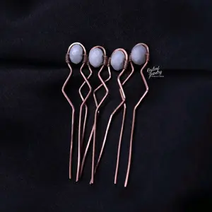 White Moonstone Copper Wire Wrapped Hair Pins for Up Do Hair Styling- Everyday Wear, Bridal and Formal Hair Styling