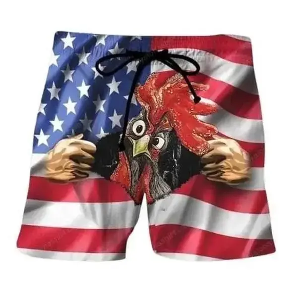 American Flag Rooster Swim Trunks, Swim Trunks For Rooster Lovers, Patriotic Gift, Funny Men's Shorts Hawaiian Men Women Patriotic Chicken Swim Trunks Hawaiian Casual Streetwear Summer Festival 4th of July Loose Comfortable