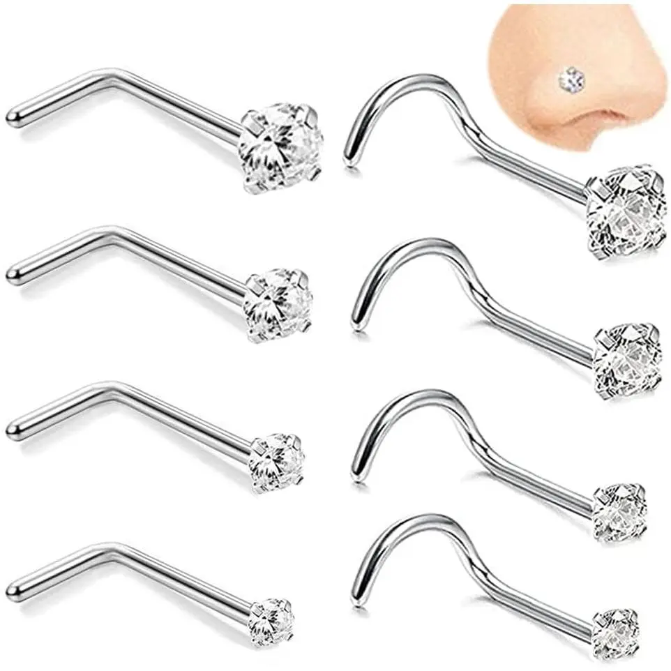 Nose Screw Studs 8-Piece Set for Women, 20G Hypoallergenic Surgical Stainless Steel Round Diamond Piercing Jewelry for Party & Valentine's Day, Romantic Accessories, Female