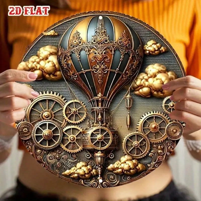 Steampunk Aluminum Wall Art Decor for Home Office Man Cave 7.87 Inch Round Vintage Sign with Hot Air Balloon and Gears Industrial Rustic Decor