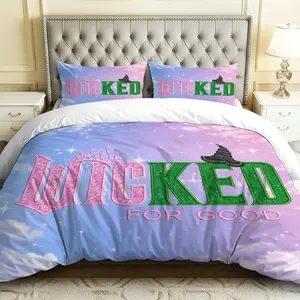 3PCS Duvet Cover Set, 1 Duvet+2 Pillowcases(Without filler), Wicked Magical Fantasy  Stars Hats theme, Halloween bedding set, Luxury Bedroom Decor Set Suitable for decoration apartment, guest room, dormitory, hotel.