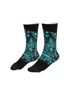 Men Women Black Background Turquoise Tribal Geometric Evil Eye Mid Calf Socks Aztec Mystic Streetwear Socks